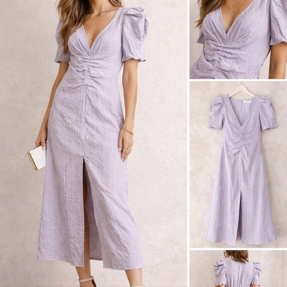 ASTR the Label‎ Purple Midi Dress Ruffle Sleeve Front Slit Textured Romantic XS